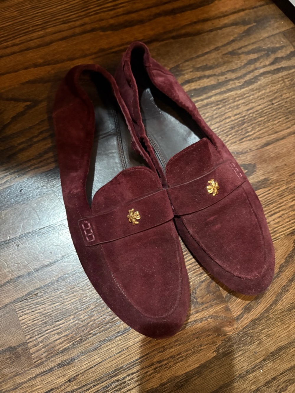Tory Burch Burgundy Suede Loafers with Gold Logo